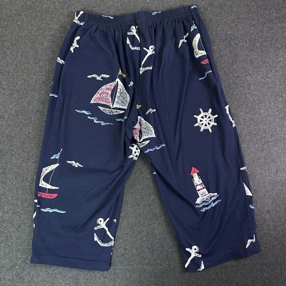 Vintage Cropped Nautical Print Pants Womens M‎ Petite Blue Lighthouse, Sailboat, - Picture 2 of 8